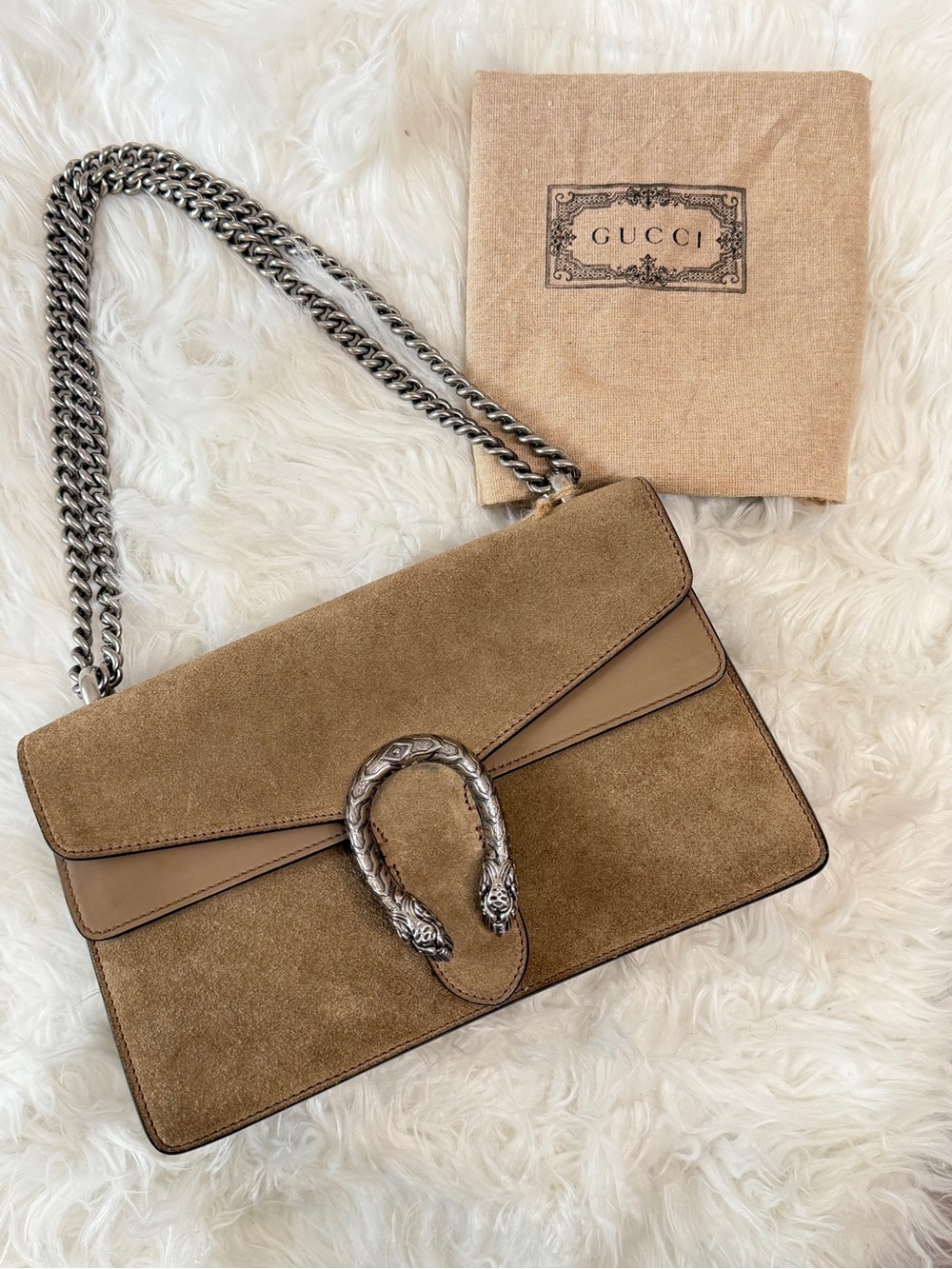Gucci Tan Suede Dionysus Shoulder Bag with Silver Hardware